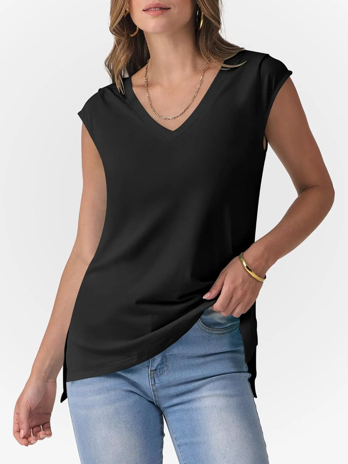 ANRABESS Womens Tank Top V Neck Cap Sleeve Summer Casual Loose Slit Side Sleeveless Tunic Tee Shirts 2025 Trendy Clothes