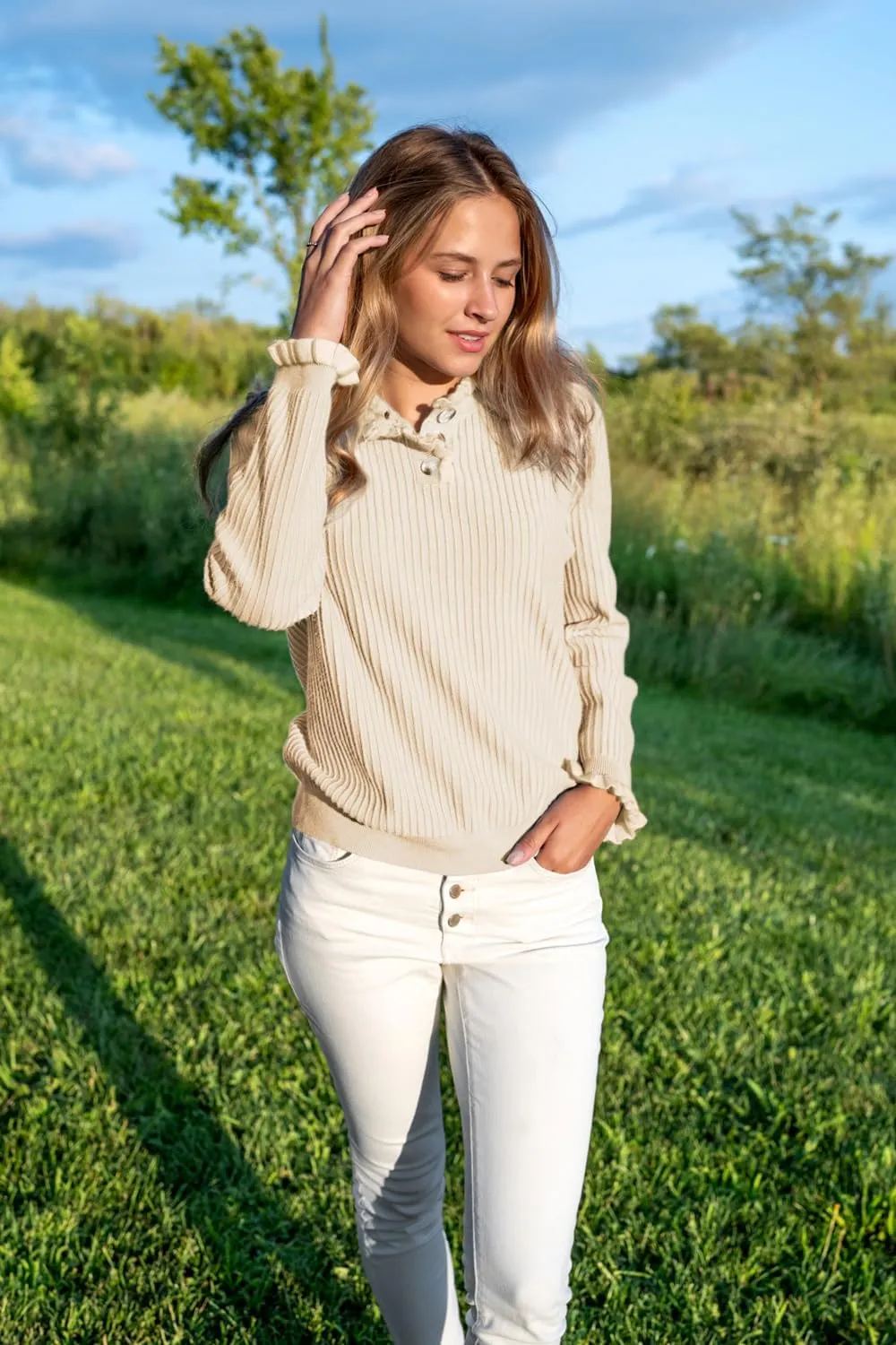 Arach&Cloz Womens Swaters 2024 Fall Fashion Outfits Long Sleeve Crewneck Knit Tops Ruffle Casual T-Shirts Cute Tees Blouses