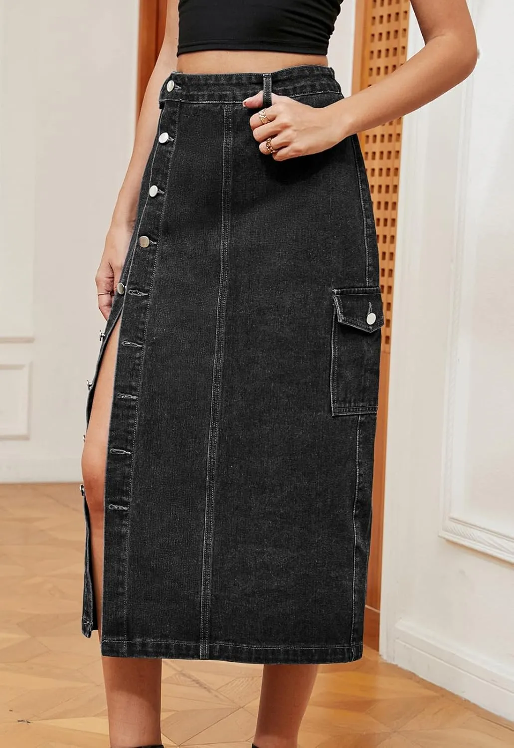Atditama Women's Twill Cotton Multi-Pocket Cargo Skirt High Rise Elastic Waist Long Denim Skirt with Pockets