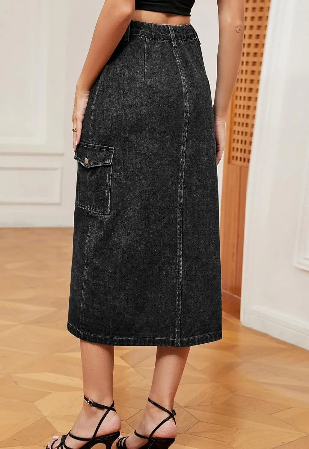 Atditama Women's Twill Cotton Multi-Pocket Cargo Skirt High Rise Elastic Waist Long Denim Skirt with Pockets