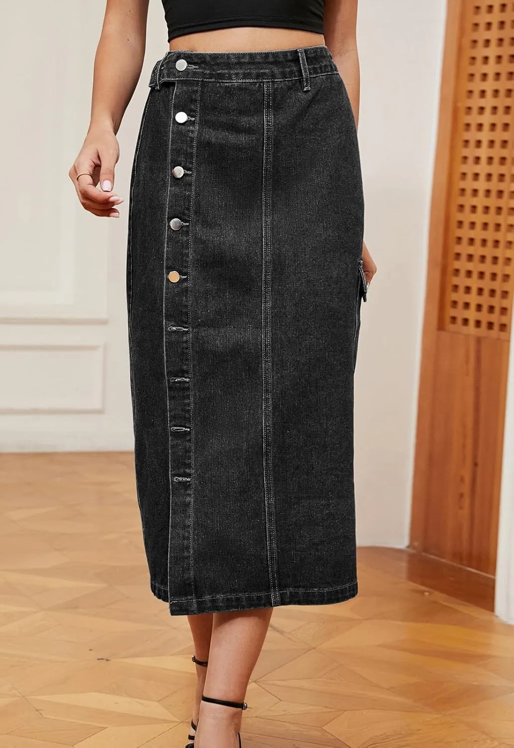 Atditama Women's Twill Cotton Multi-Pocket Cargo Skirt High Rise Elastic Waist Long Denim Skirt with Pockets
