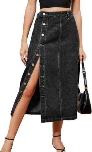 Atditama Women's Twill Cotton Multi-Pocket Cargo Skirt High Rise Elastic Waist Long Denim Skirt with Pockets