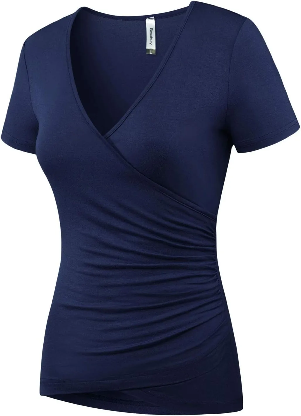 Beauhuty Women's Top Deep V Neck Slim Fitted T-Shirt Front Wrap Ruched Short Sleeve Tee