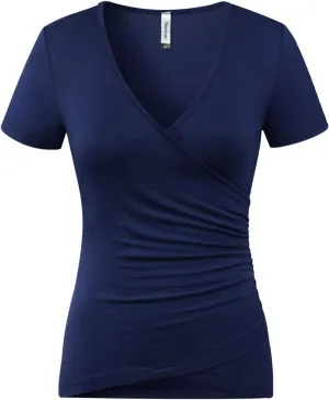Beauhuty Women's Top Deep V Neck Slim Fitted T-Shirt Front Wrap Ruched Short Sleeve Tee