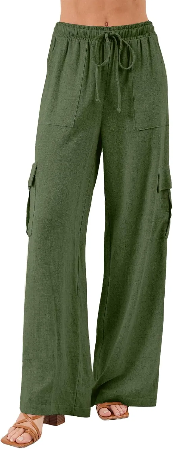 Beautiful Nomad Women's Linen Cargo Pants Casual High Waisted Wide Leg Pant Baggy Trousers with Pockets