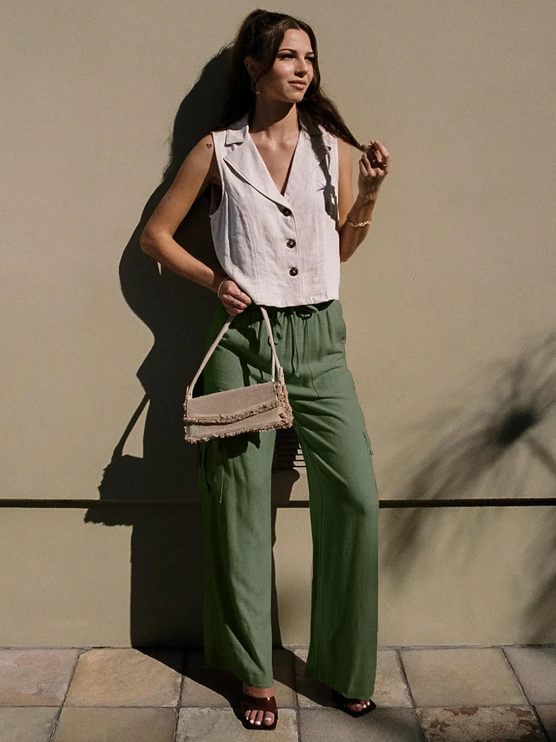 Beautiful Nomad Women's Linen Cargo Pants Casual High Waisted Wide Leg Pant Baggy Trousers with Pockets