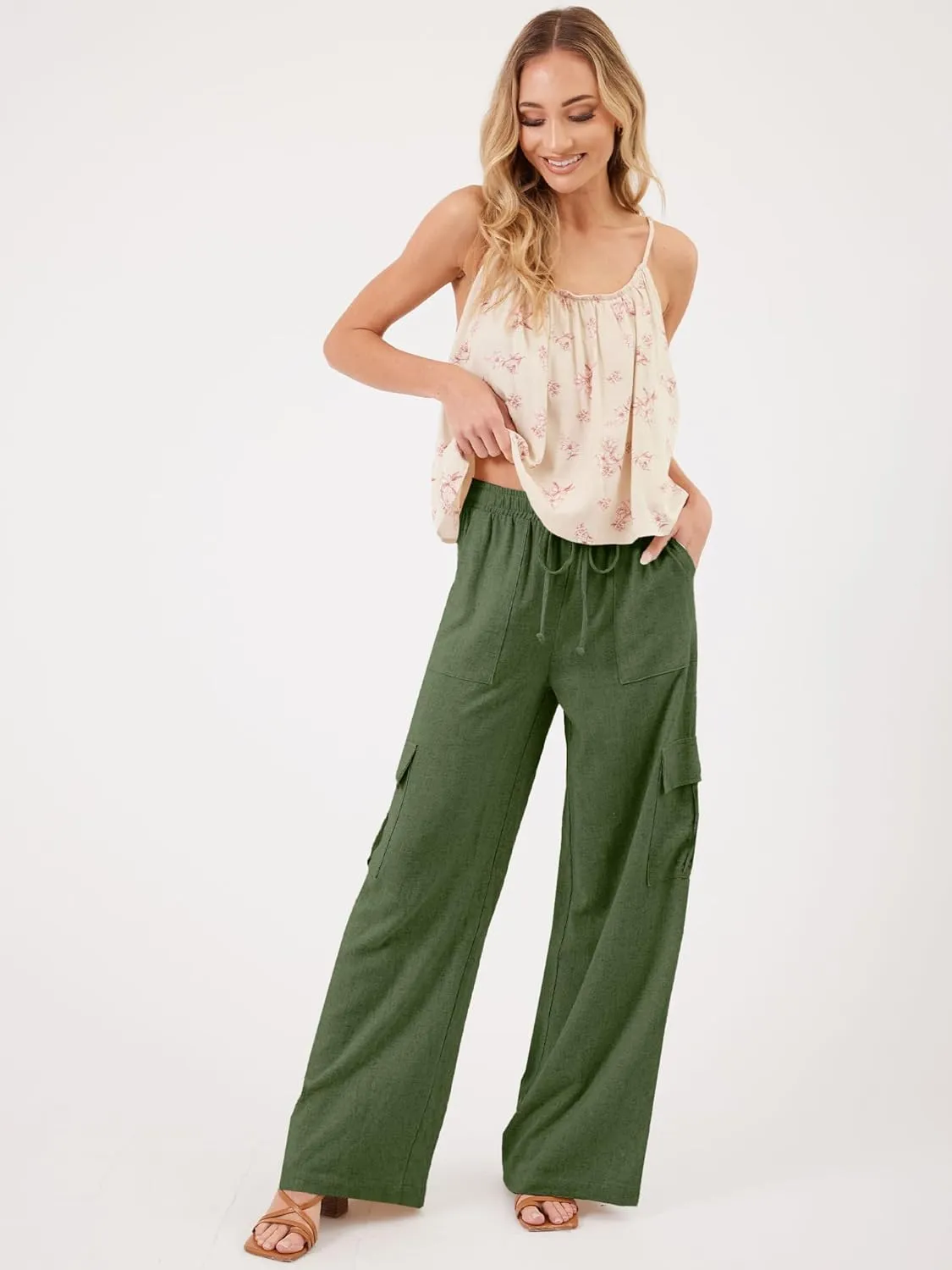 Beautiful Nomad Women's Linen Cargo Pants Casual High Waisted Wide Leg Pant Baggy Trousers with Pockets