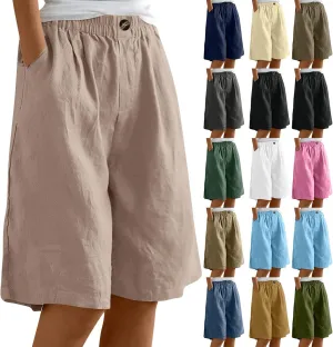 Bermuda Shorts for Women Knee Length Summer Beach Linen Shorts Lightweight Wide Leg High Waisted Long Short w/Pockets