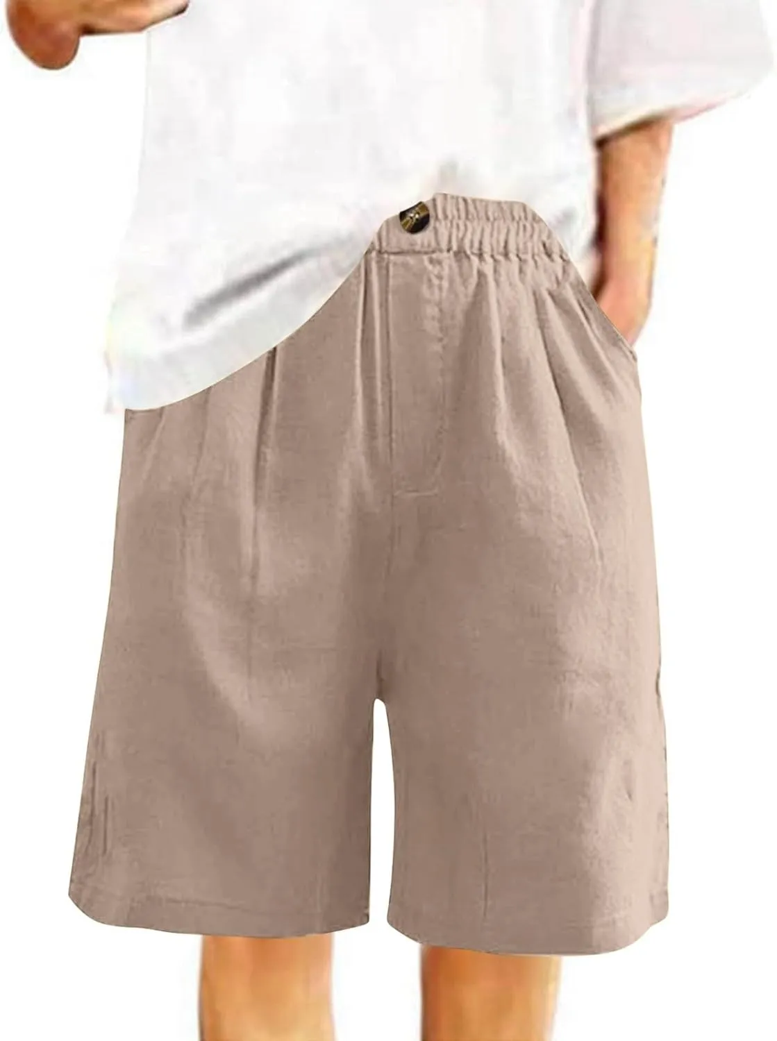 Bermuda Shorts for Women Knee Length Summer Beach Linen Shorts Lightweight Wide Leg High Waisted Long Short w/Pockets