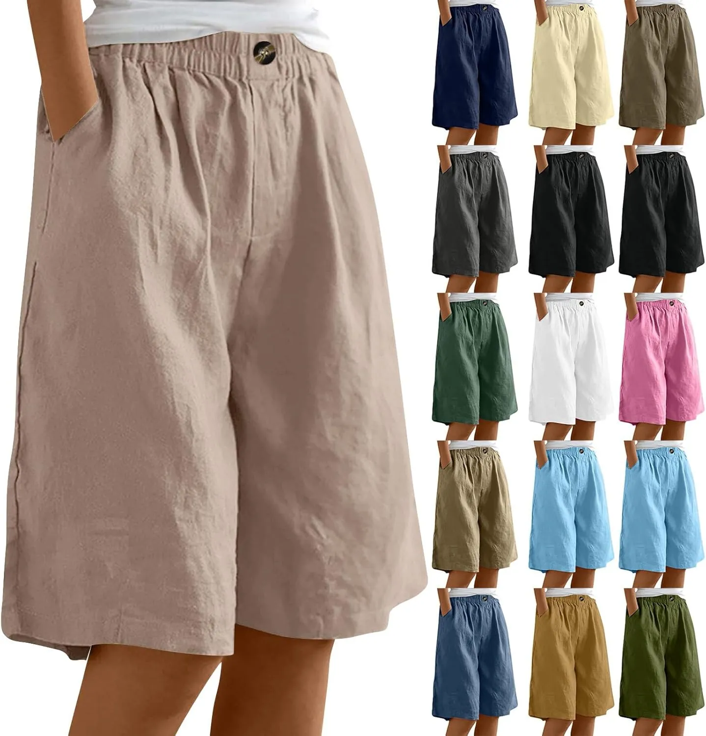 Bermuda Shorts for Women Knee Length Summer Beach Linen Shorts Lightweight Wide Leg High Waisted Long Short w/Pockets