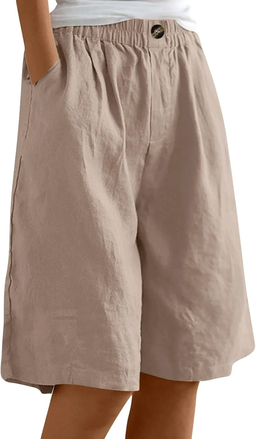 Bermuda Shorts for Women Knee Length Summer Beach Linen Shorts Lightweight Wide Leg High Waisted Long Short w/Pockets