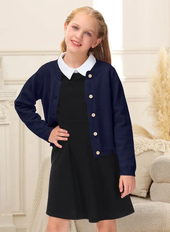 BesserBay Girls Solid Color Long Sleeve Knit Sweaters Button Down Uniform Cardigan 4-12 Years