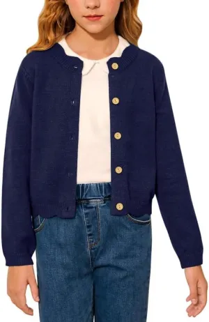 BesserBay Girls Solid Color Long Sleeve Knit Sweaters Button Down Uniform Cardigan 4-12 Years