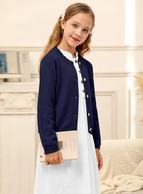 BesserBay Girls Solid Color Long Sleeve Knit Sweaters Button Down Uniform Cardigan 4-12 Years