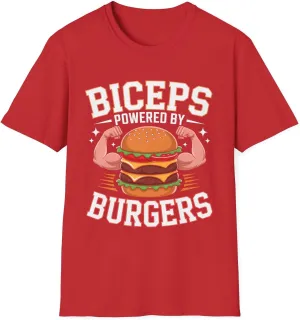 Biceps Powered by Burgers T-Shirt Funny Gym Fitness Tee | Weightlifting Burger Lover Workout Shirt Gift for Men Women Lifters