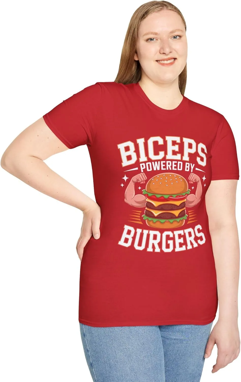 Biceps Powered by Burgers T-Shirt Funny Gym Fitness Tee | Weightlifting Burger Lover Workout Shirt Gift for Men Women Lifters