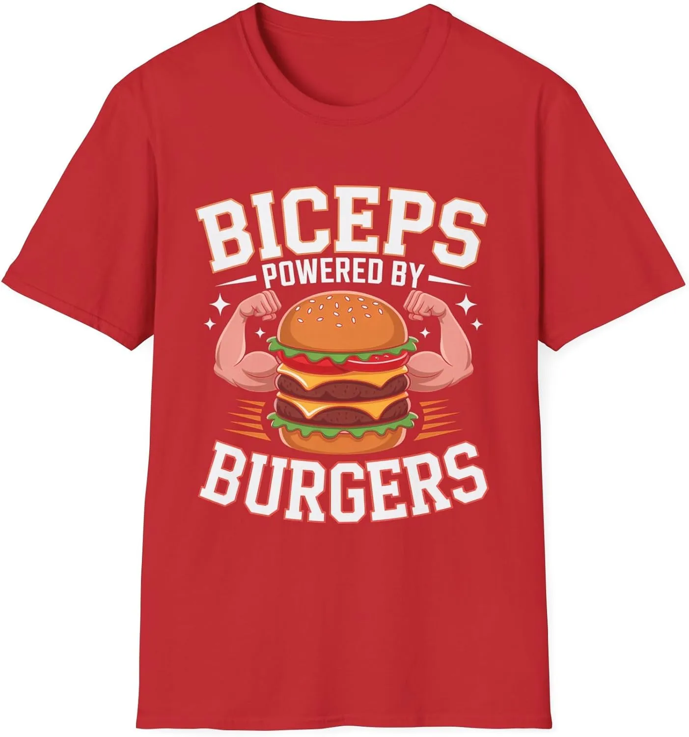 Biceps Powered by Burgers T-Shirt Funny Gym Fitness Tee | Weightlifting Burger Lover Workout Shirt Gift for Men Women Lifters