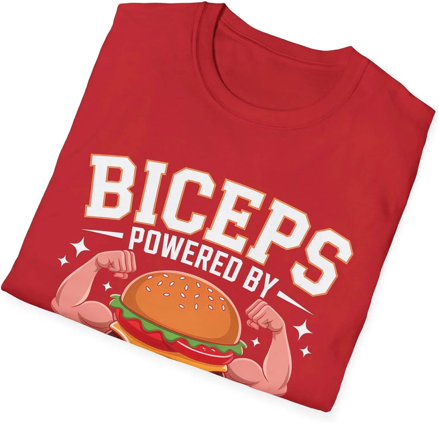 Biceps Powered by Burgers T-Shirt Funny Gym Fitness Tee | Weightlifting Burger Lover Workout Shirt Gift for Men Women Lifters