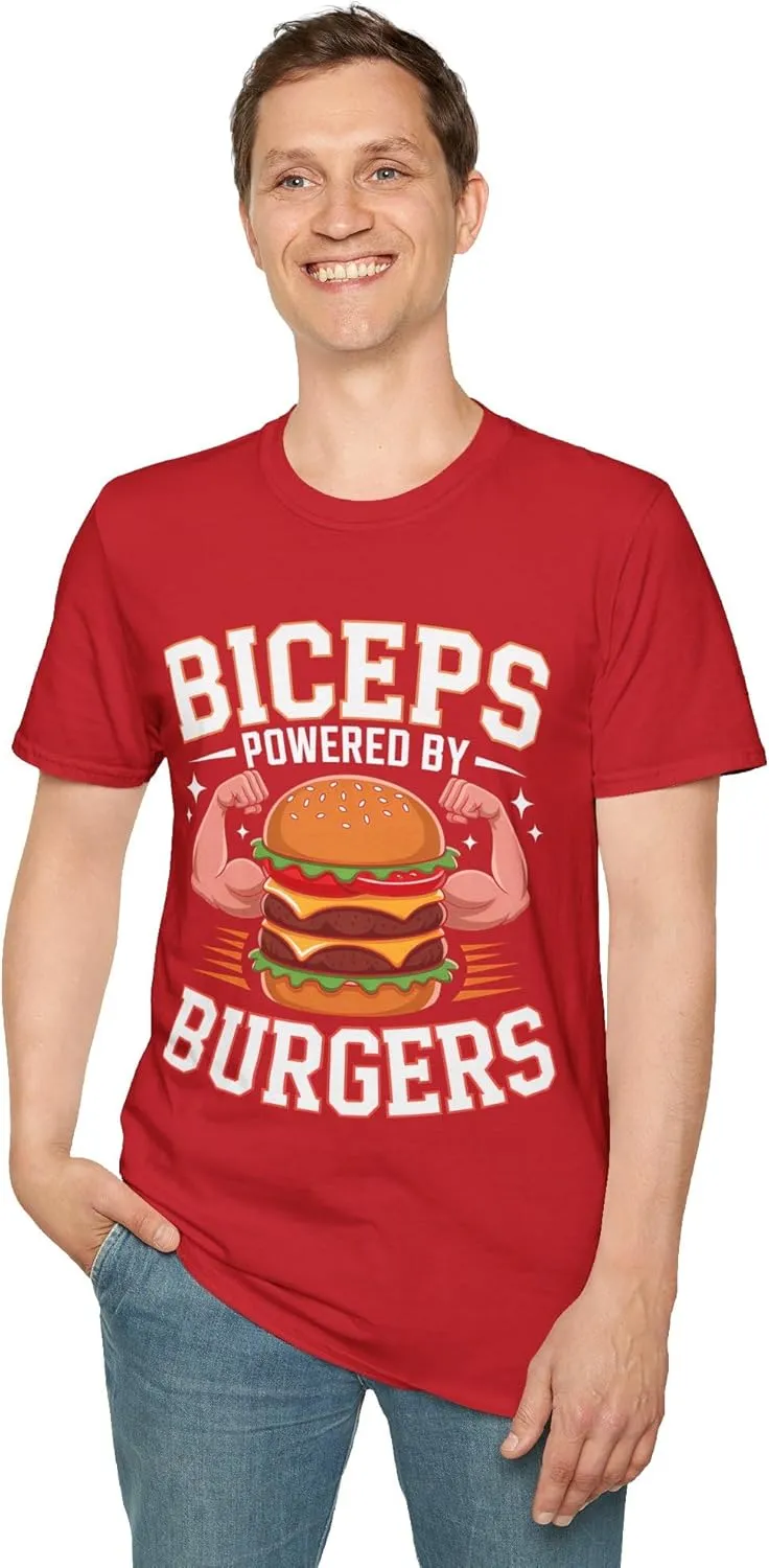 Biceps Powered by Burgers T-Shirt Funny Gym Fitness Tee | Weightlifting Burger Lover Workout Shirt Gift for Men Women Lifters
