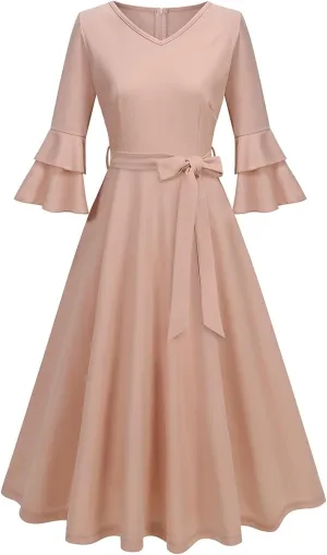 Binmer Women's V Neck Dresses Vintage 1950s Cocktail Party Dress 3/4 Ruffle Sleeves A Line Swing Midi Dress with Waist Belt