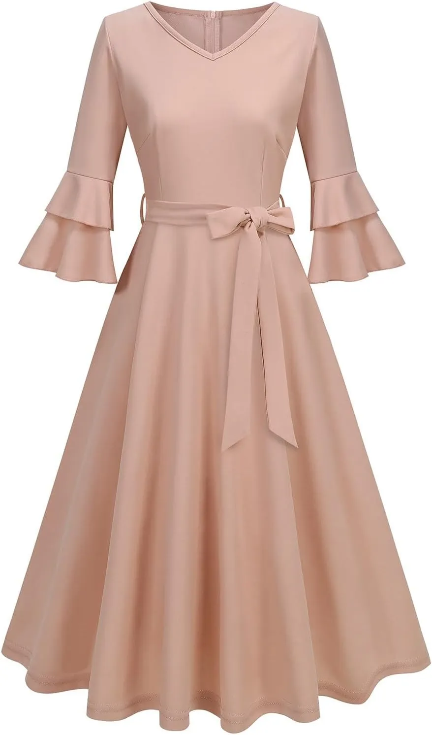 Binmer Women's V Neck Dresses Vintage 1950s Cocktail Party Dress 3/4 Ruffle Sleeves A Line Swing Midi Dress with Waist Belt
