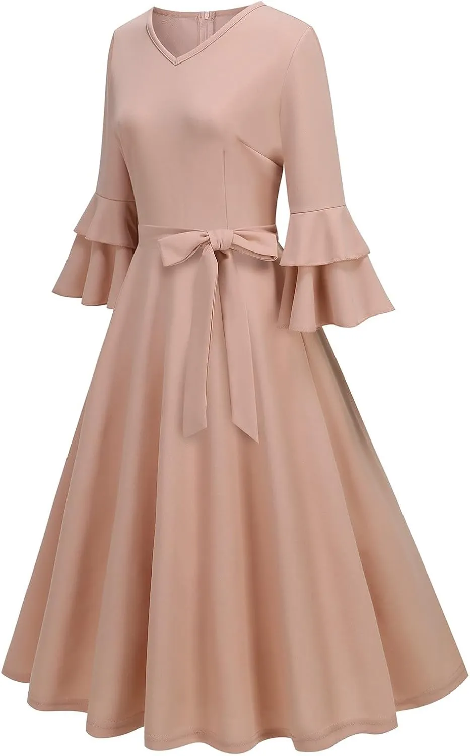 Binmer Women's V Neck Dresses Vintage 1950s Cocktail Party Dress 3/4 Ruffle Sleeves A Line Swing Midi Dress with Waist Belt