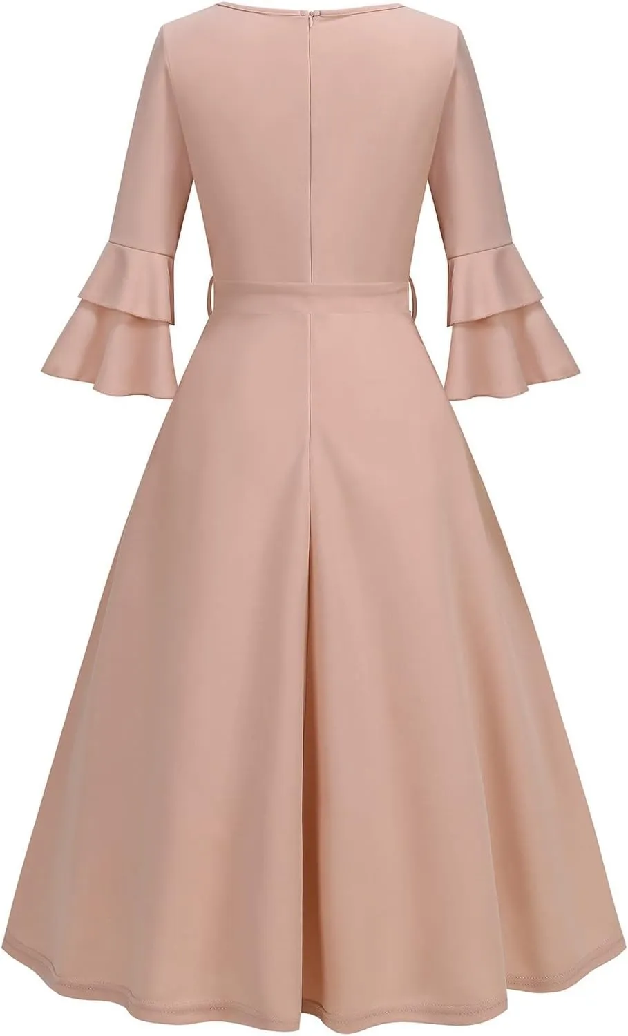 Binmer Women's V Neck Dresses Vintage 1950s Cocktail Party Dress 3/4 Ruffle Sleeves A Line Swing Midi Dress with Waist Belt