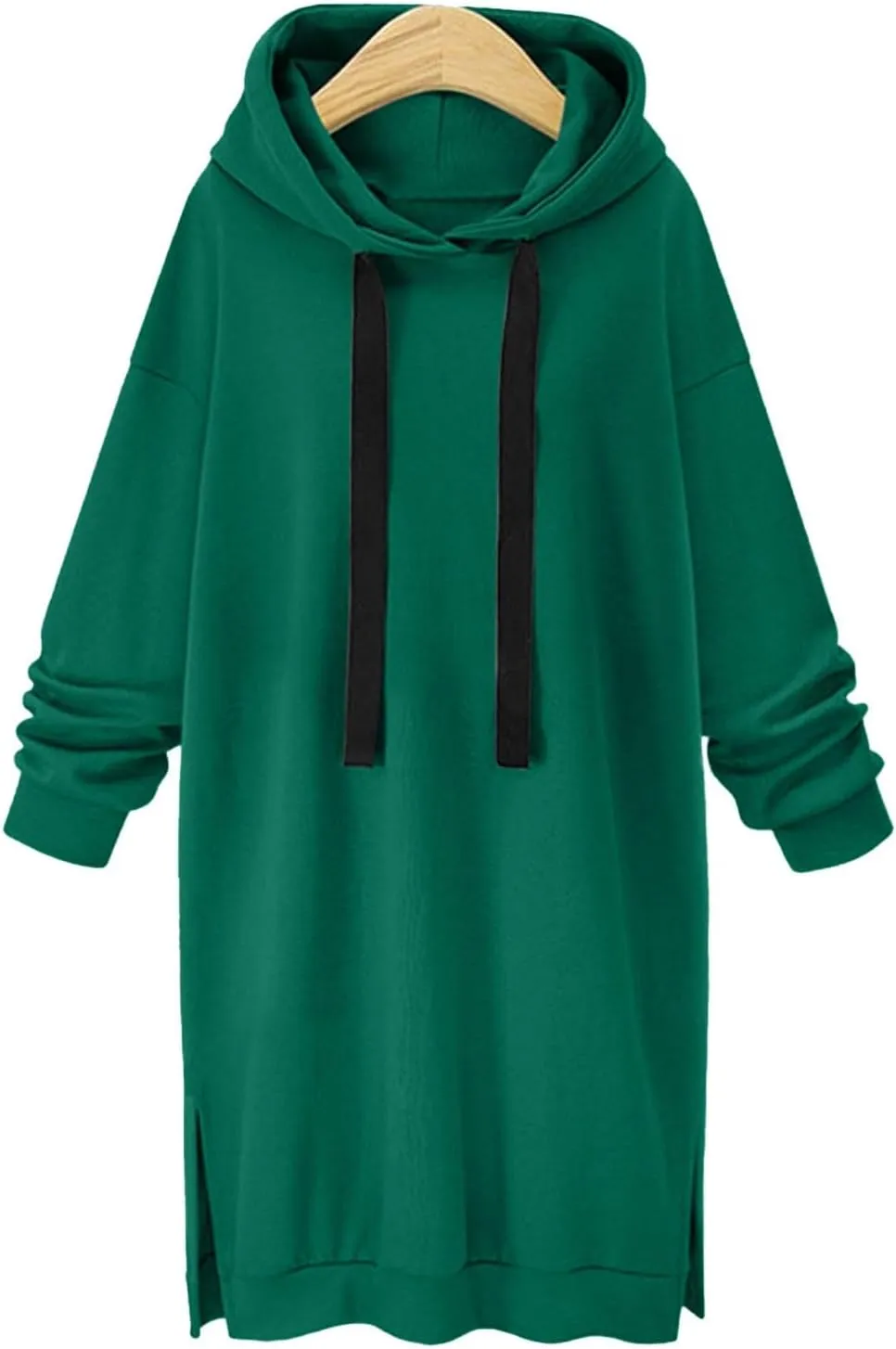 Black Hoodie Dress Women Longline Pullover Sweatshirt Drawstring Long Sleeve Relax Warm Daily Streetwear