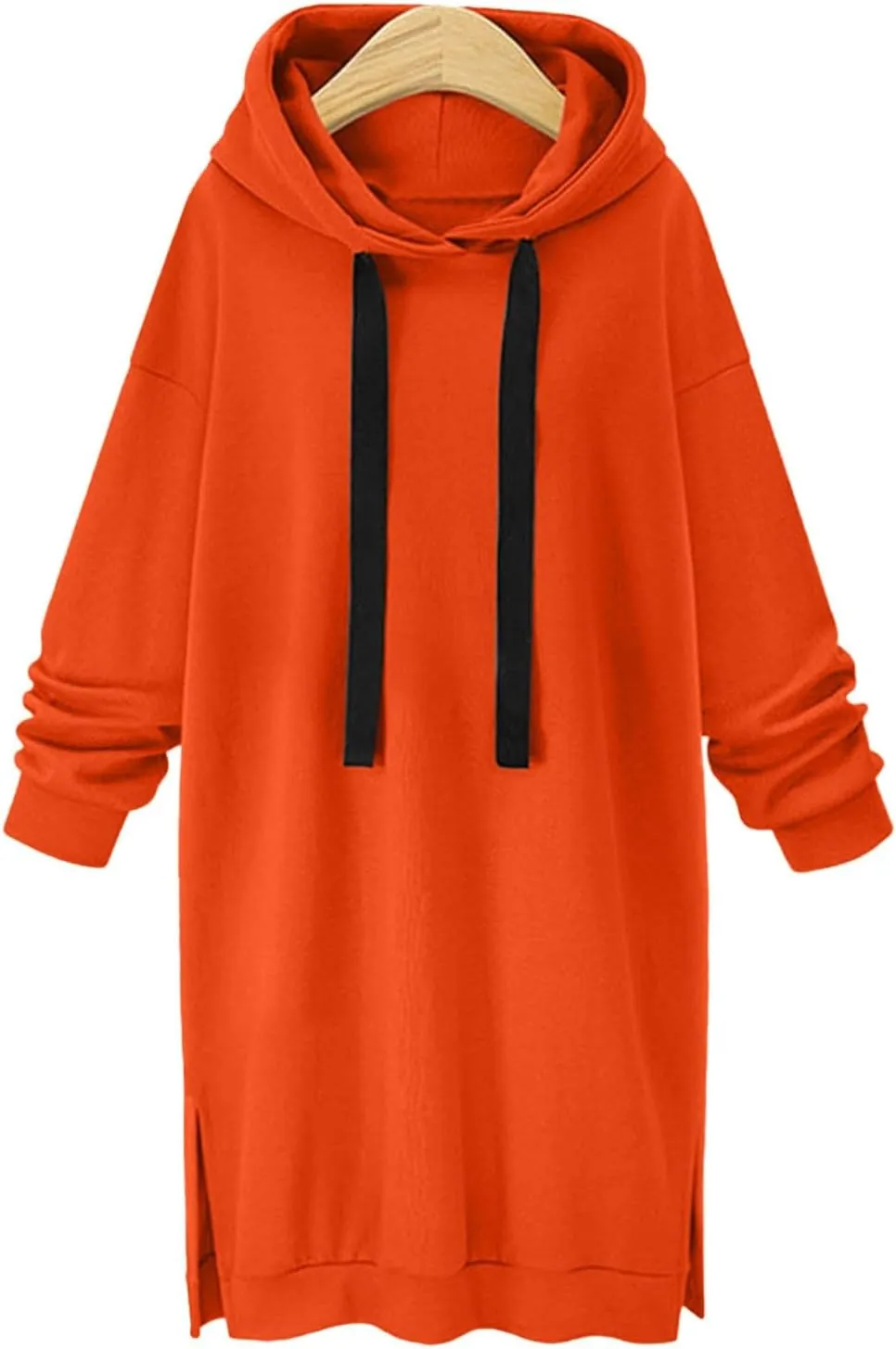 Black Hoodie Dress Women Longline Pullover Sweatshirt Drawstring Long Sleeve Relax Warm Daily Streetwear