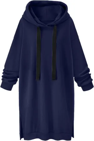 Black Hoodie Dress Women Longline Pullover Sweatshirt Drawstring Long Sleeve Relax Warm Daily Streetwear