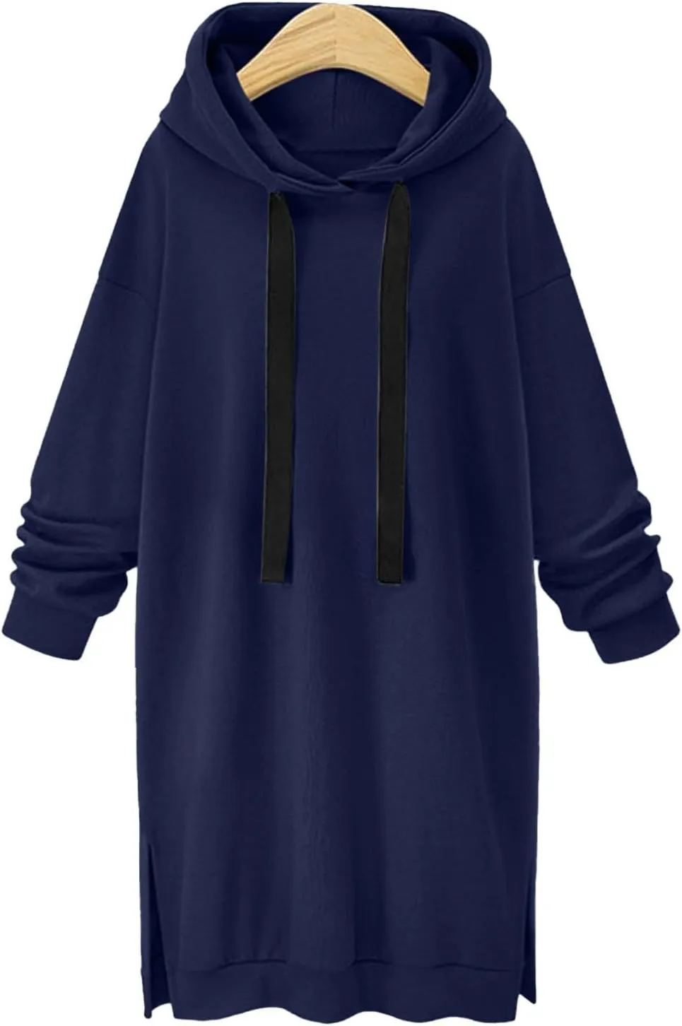 Black Hoodie Dress Women Longline Pullover Sweatshirt Drawstring Long Sleeve Relax Warm Daily Streetwear