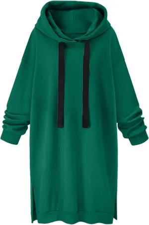 Black Hoodie Dress Women Longline Pullover Sweatshirt Drawstring Long Sleeve Relax Warm Daily Streetwear