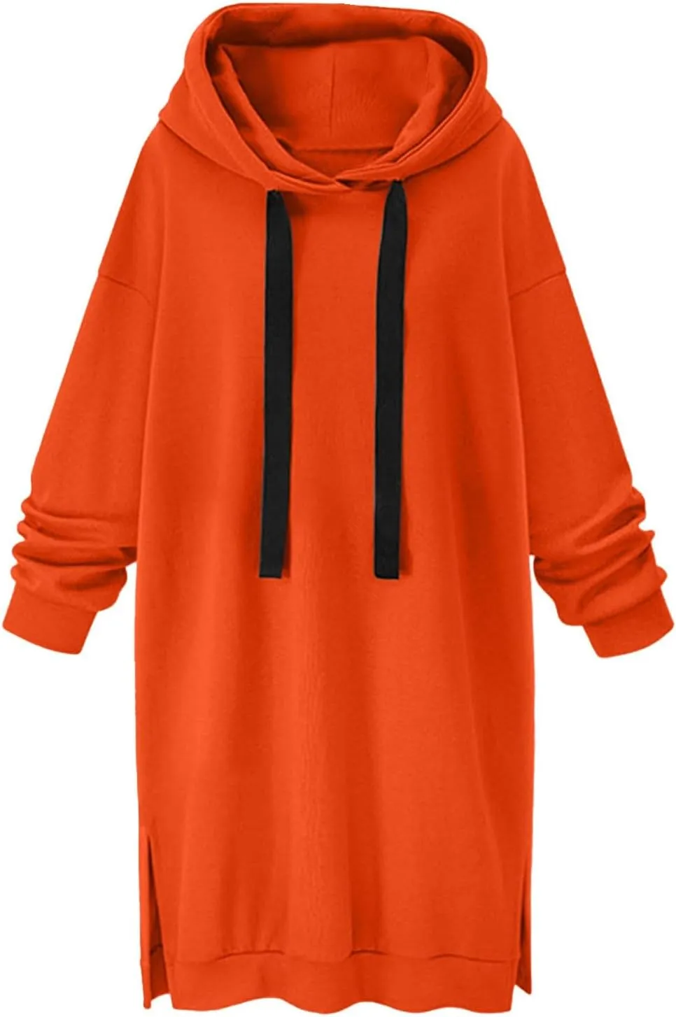 Black Hoodie Dress Women Longline Pullover Sweatshirt Drawstring Long Sleeve Relax Warm Daily Streetwear