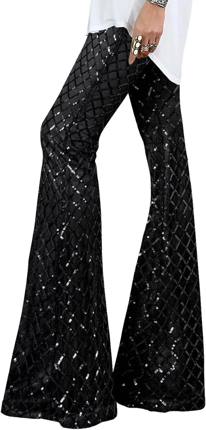 BLENCOT Women's Glitter Sequin Wide Leg Palazzo Pants High Waist Bell Bottoms Party Flared Trousers