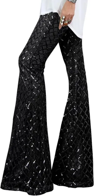 BLENCOT Women's Glitter Sequin Wide Leg Palazzo Pants High Waist Bell Bottoms Party Flared Trousers
