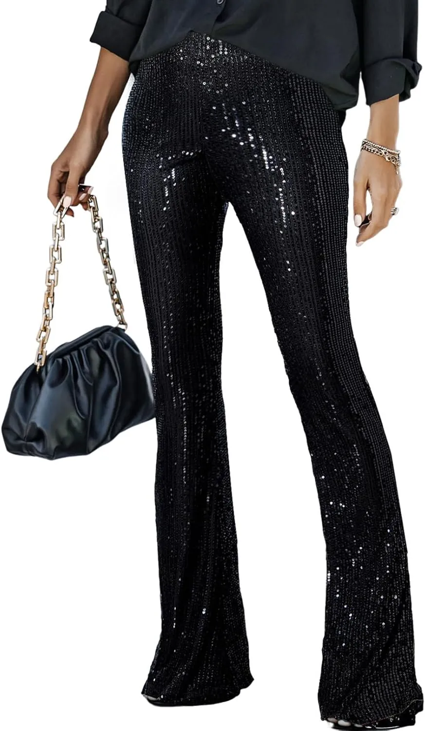 BLENCOT Women's Glitter Sequin Wide Leg Palazzo Pants High Waist Bell Bottoms Party Flared Trousers