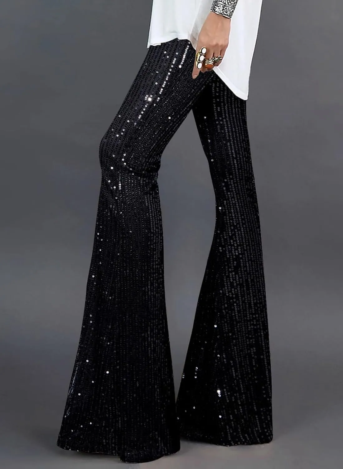 BLENCOT Women's Glitter Sequin Wide Leg Palazzo Pants High Waist Bell Bottoms Party Flared Trousers