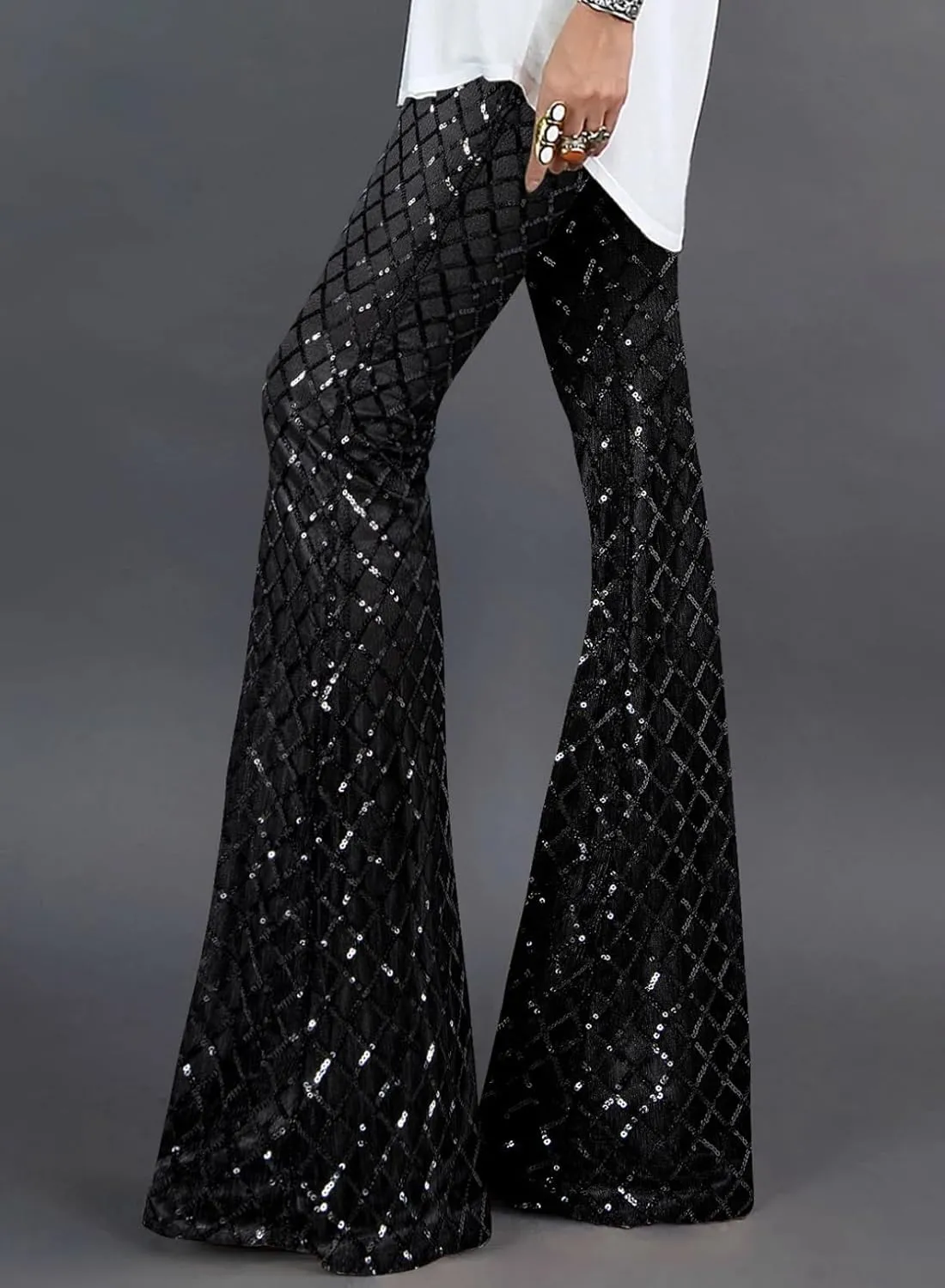 BLENCOT Women's Glitter Sequin Wide Leg Palazzo Pants High Waist Bell Bottoms Party Flared Trousers