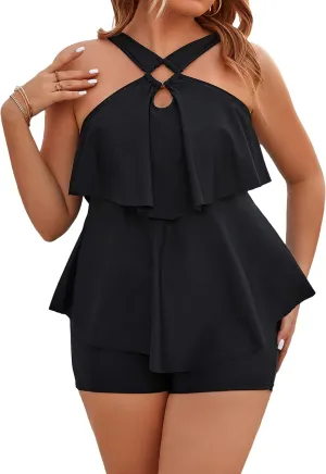 Blooming Jelly Womens Plus Size Tankini Swimsuits Two Piece Bathing Suits Tummy Control Flounce with Shorts
