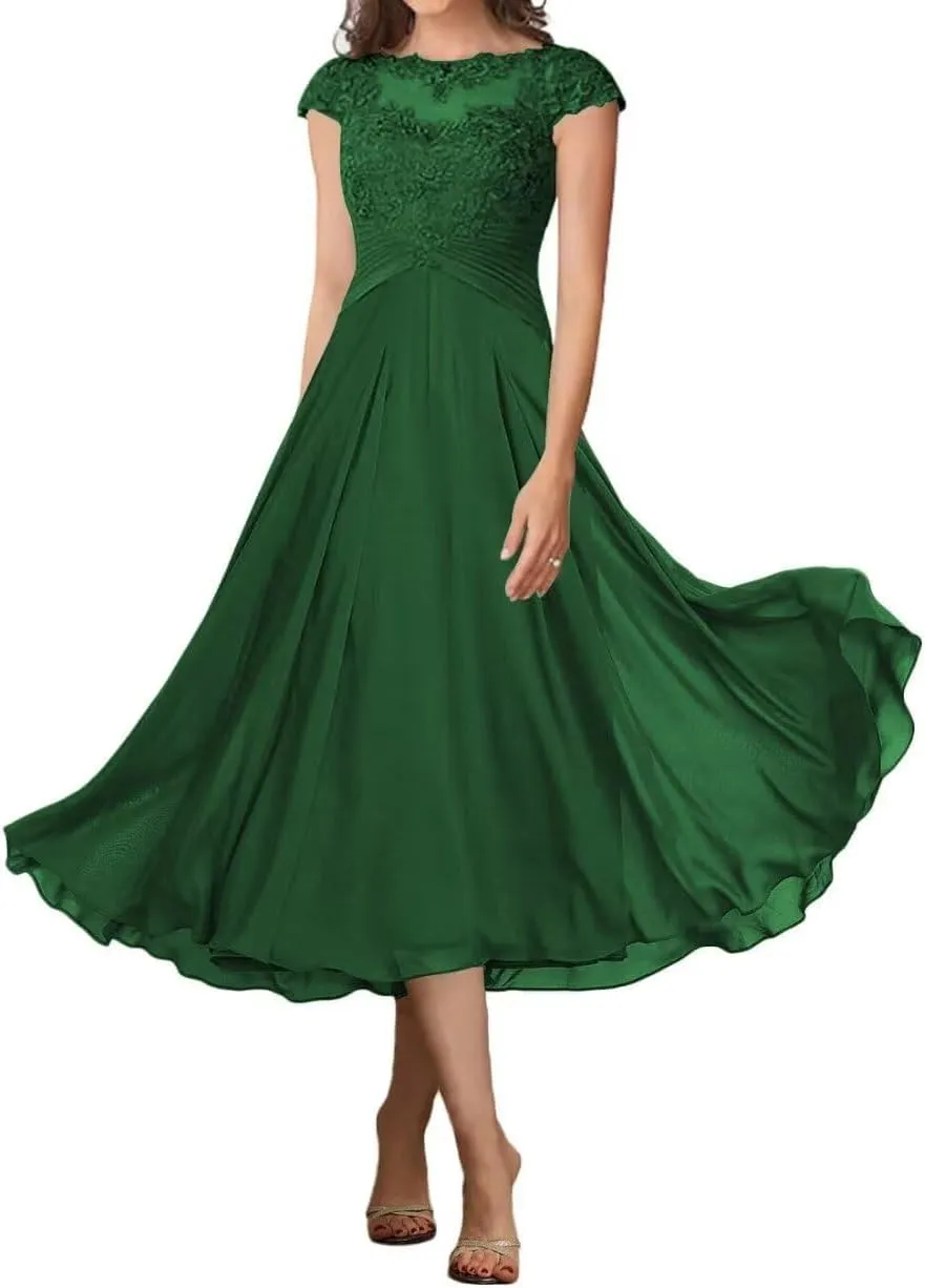 Cap Sleeve Mother of The Bride Dresses for Wedding Tea Length A-Line Lace Formal Dresses for Women 2025
