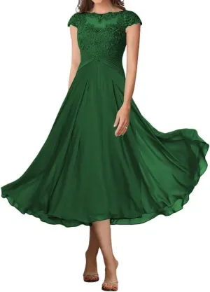 Cap Sleeve Mother of The Bride Dresses for Wedding Tea Length A-Line Lace Formal Dresses for Women 2025