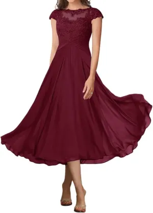 Cap Sleeve Mother of The Bride Dresses for Wedding Tea Length A-Line Lace Formal Dresses for Women 2025