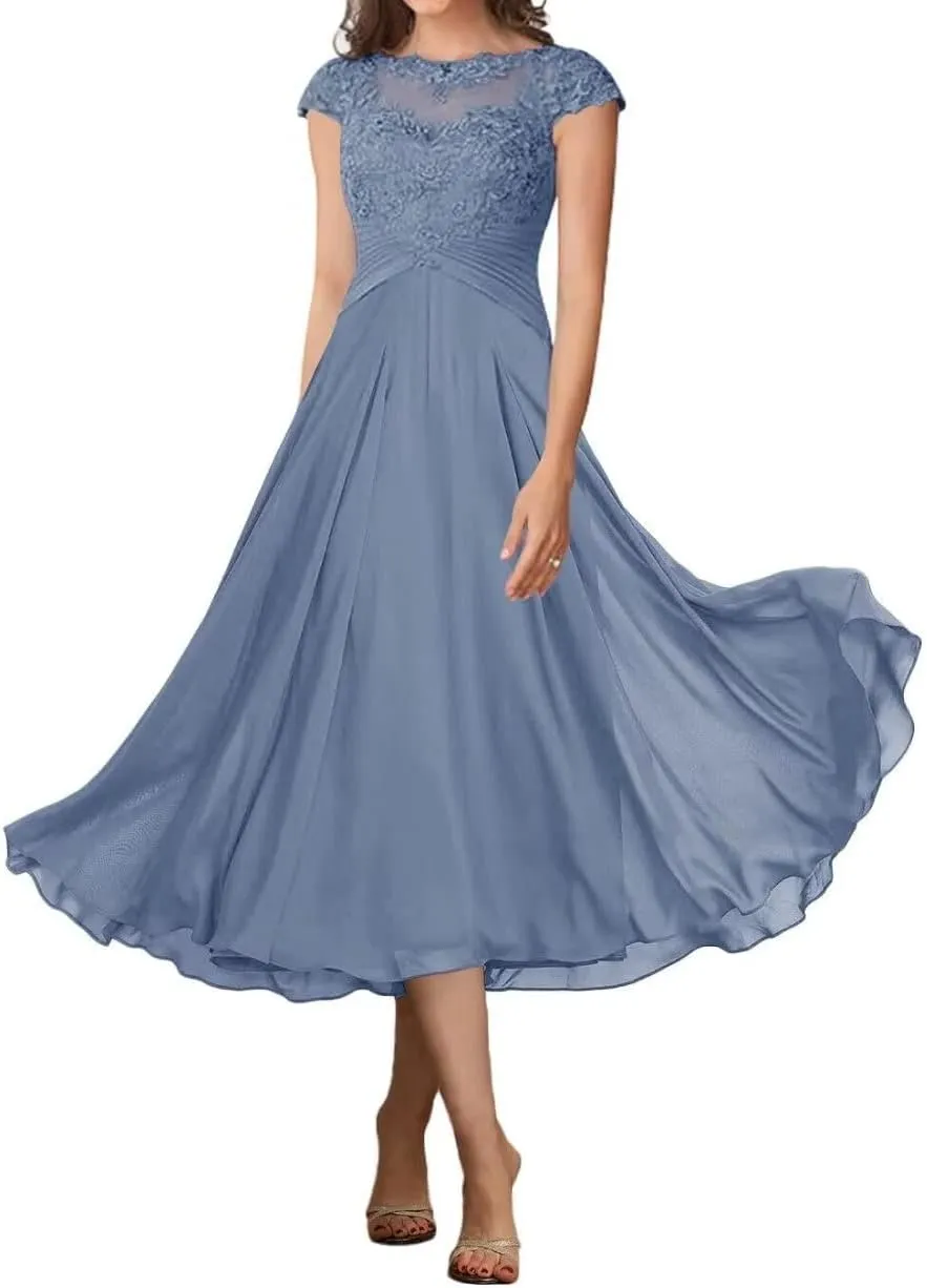 Cap Sleeve Mother of The Bride Dresses for Wedding Tea Length A-Line Lace Formal Dresses for Women 2025