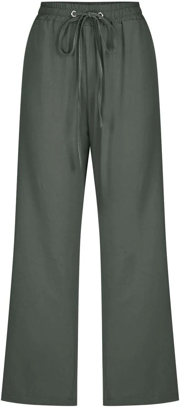 Capri Pants for Women Linen Casual Summer Wide Leg Loose Elastic Waisted Cropped Trouser Beach Pant