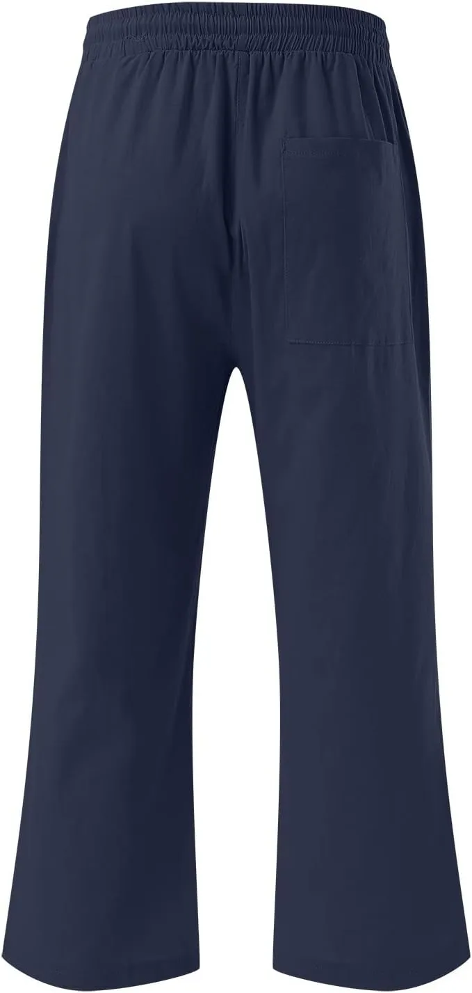 Capri Pants for Women Linen Casual Summer Wide Leg Loose Elastic Waisted Cropped Trouser Beach Pant