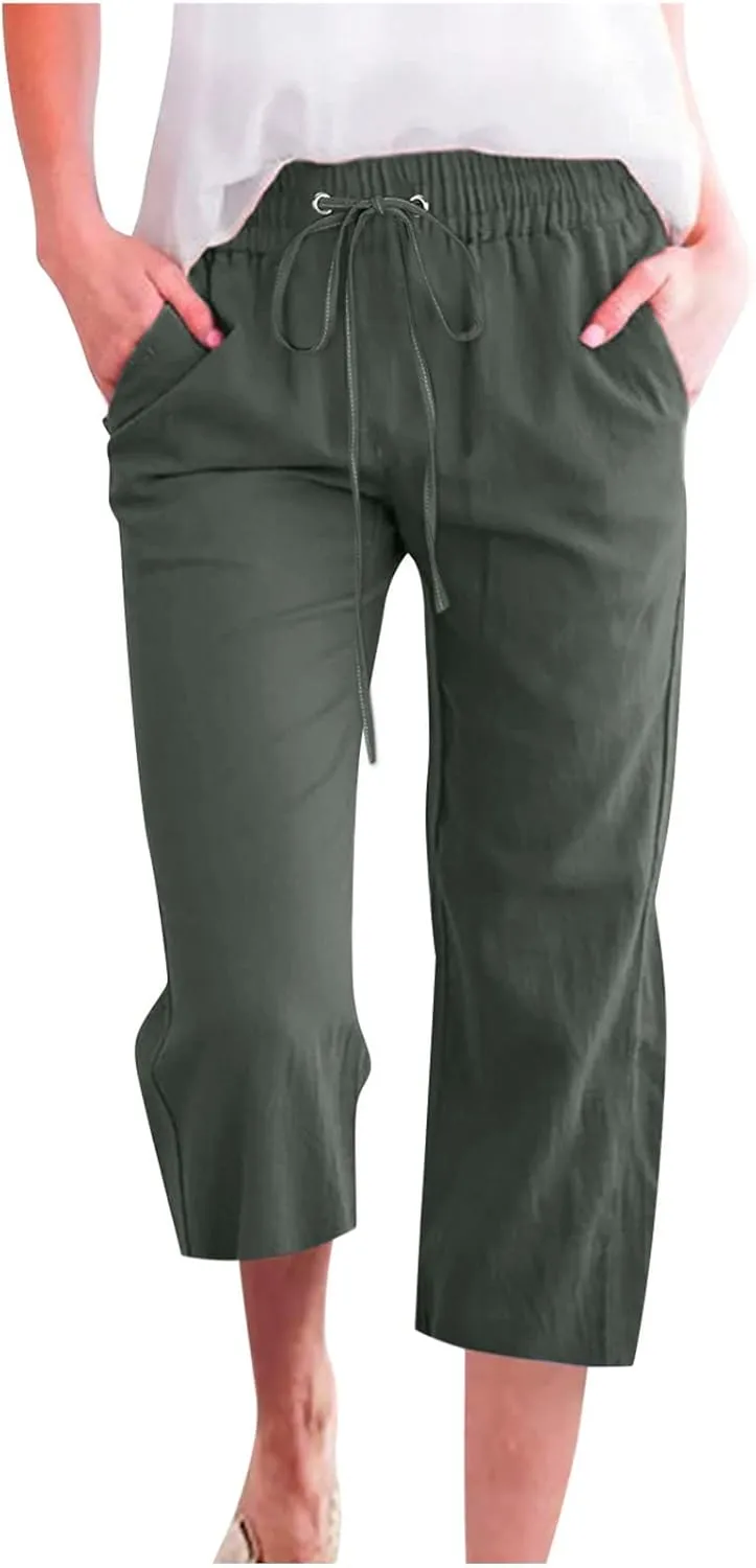 Capri Pants for Women Linen Casual Summer Wide Leg Loose Elastic Waisted Cropped Trouser Beach Pant
