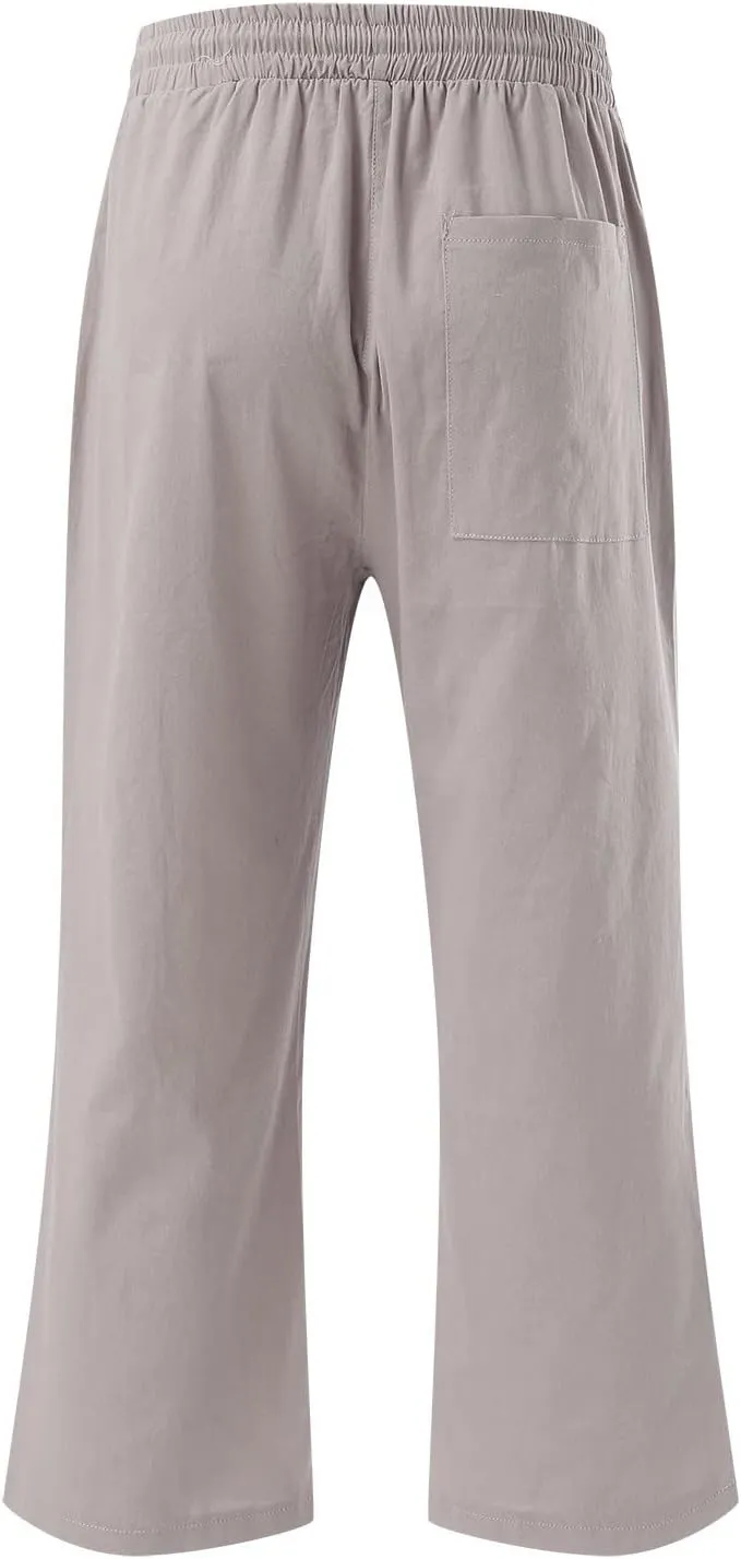 Capri Pants for Women Linen Casual Summer Wide Leg Loose Elastic Waisted Cropped Trouser Beach Pant