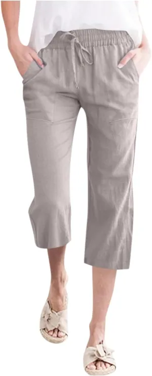 Capri Pants for Women Linen Casual Summer Wide Leg Loose Elastic Waisted Cropped Trouser Beach Pant