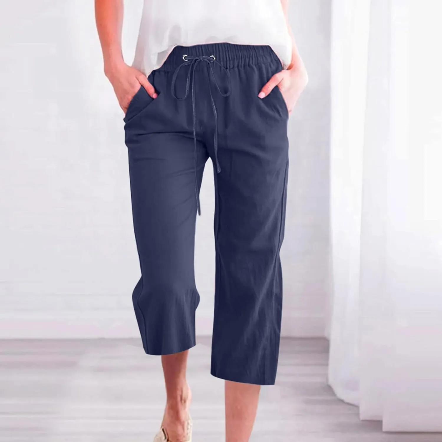 Capri Pants for Women Linen Casual Summer Wide Leg Loose Elastic Waisted Cropped Trouser Beach Pant