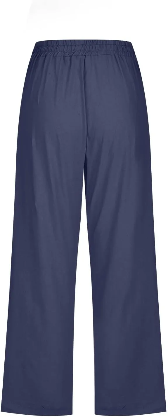 Capri Pants for Women Linen Casual Summer Wide Leg Loose Elastic Waisted Cropped Trouser Beach Pant